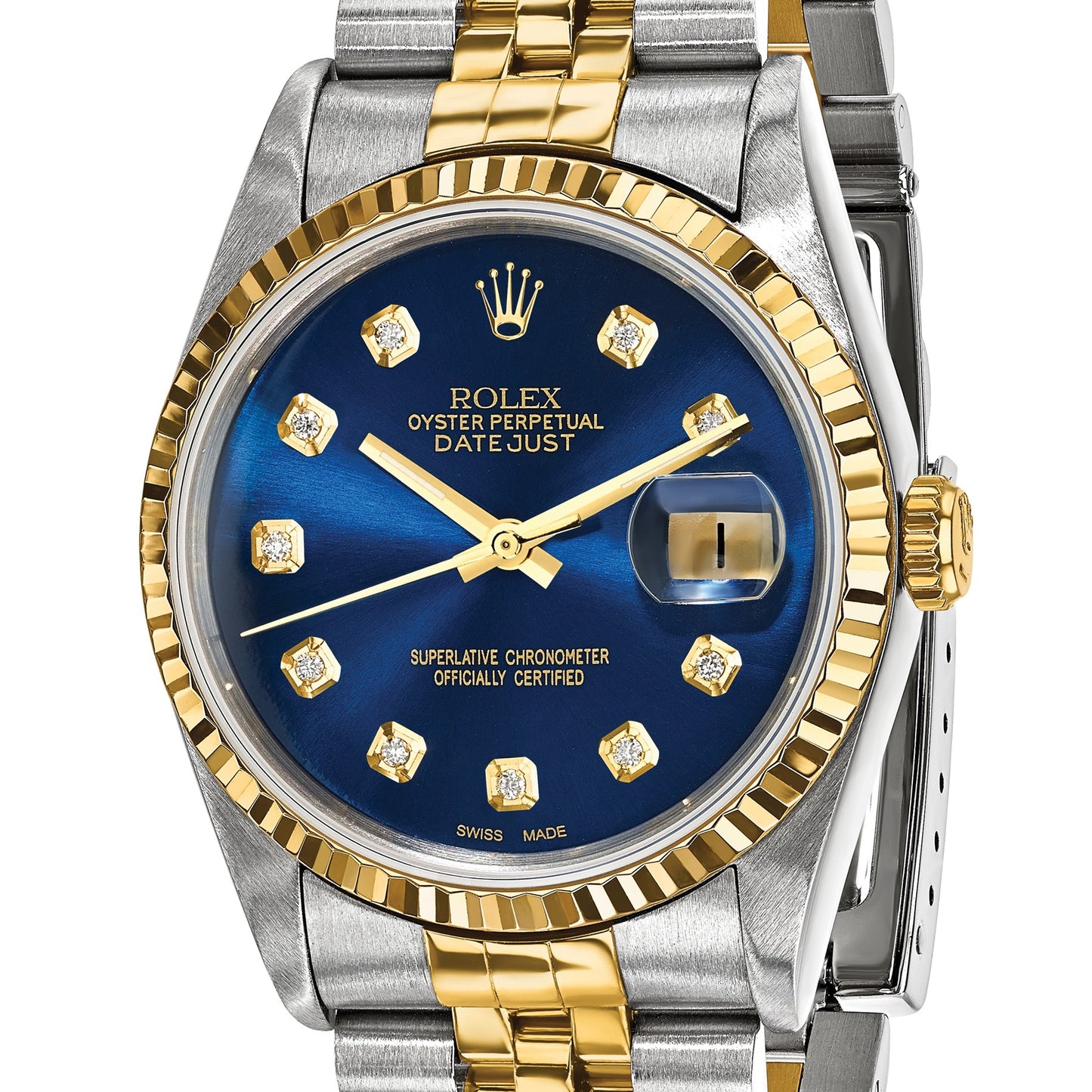 Pre-owned Rolex Datejust 36mm two-tone watch with blue diamond dial and fluted bezel, further view