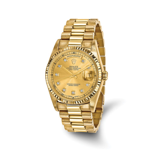 Pre-owned Rolex Day-Date President 36mm 18K yellow gold watch with champagne diamond dial and fluted bezel on a President bracelet