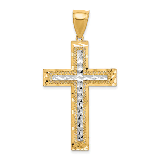 10K Gold and White Rhodium Large Diamond-Cut Cross Pendant - main view