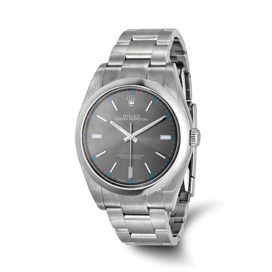Pre-owned Rolex Oyster Perpetual 39mm reference 114300 stainless steel watch with grey dial and smooth steel bezel
