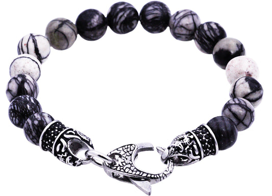 Silver Leaf Jasper Stainless Steel Beaded Bracelet With Black Cubic Zirconia