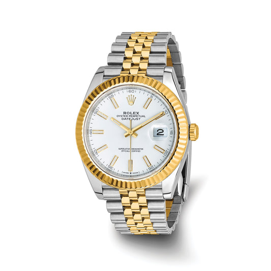 Pre-owned Rolex Datejust 41 reference 126333 two-tone steel and 18K gold watch with white dial and fluted bezel on a Jubilee bracelet