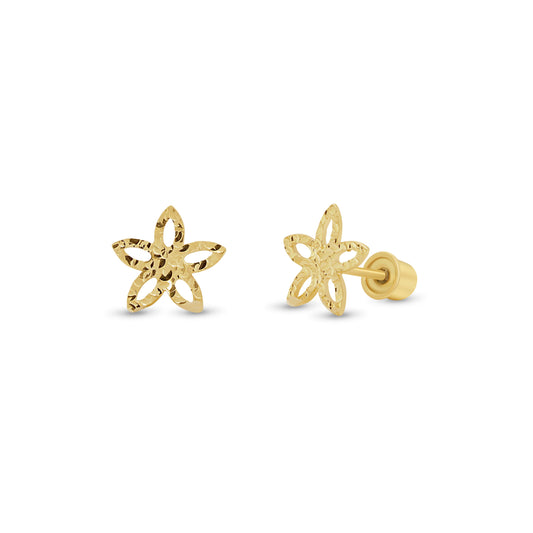 14K gold diamond-cut star flower screw back stud earrings