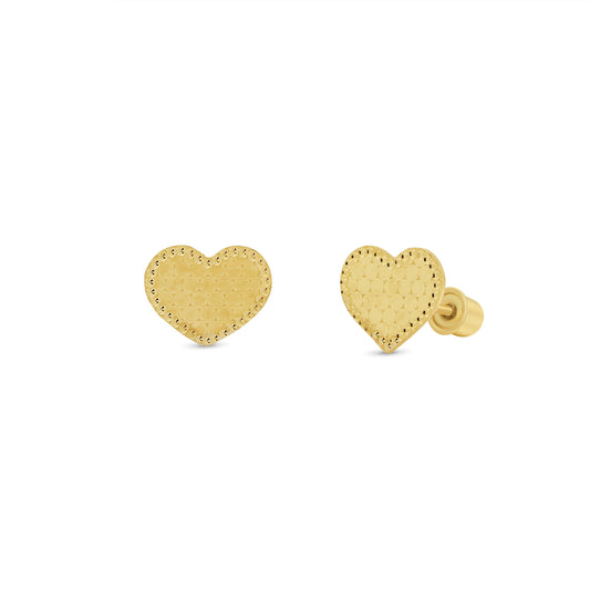 14K gold beaded honeycomb heart screw back stud earrings