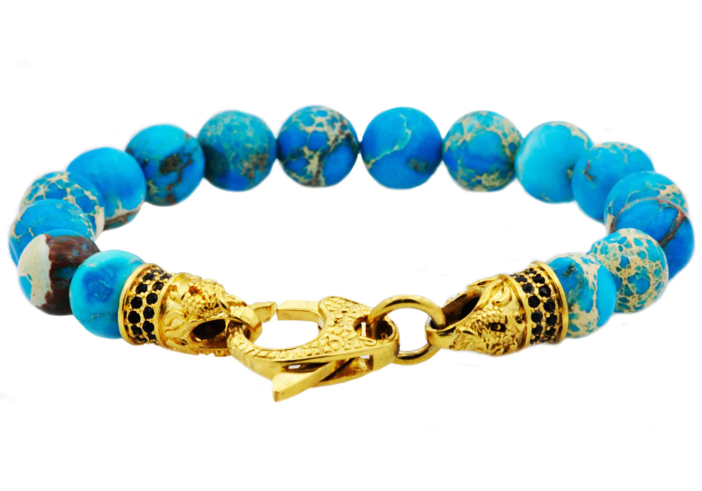 Sea Sediment Jasper Gold Stainless Steel Beaded Bracelet With Black Cubic Zirconia