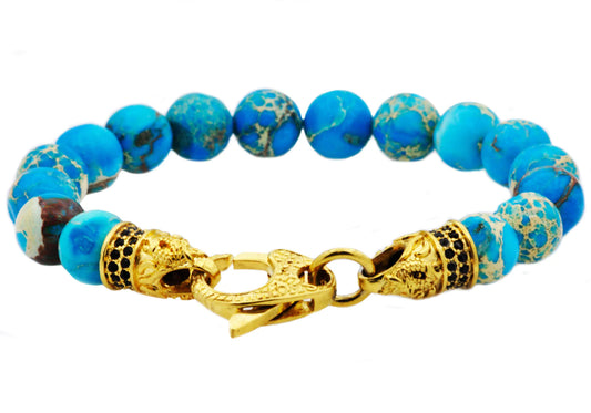 Sea Sediment Jasper Gold Stainless Steel Beaded Bracelet With Black Cubic Zirconia