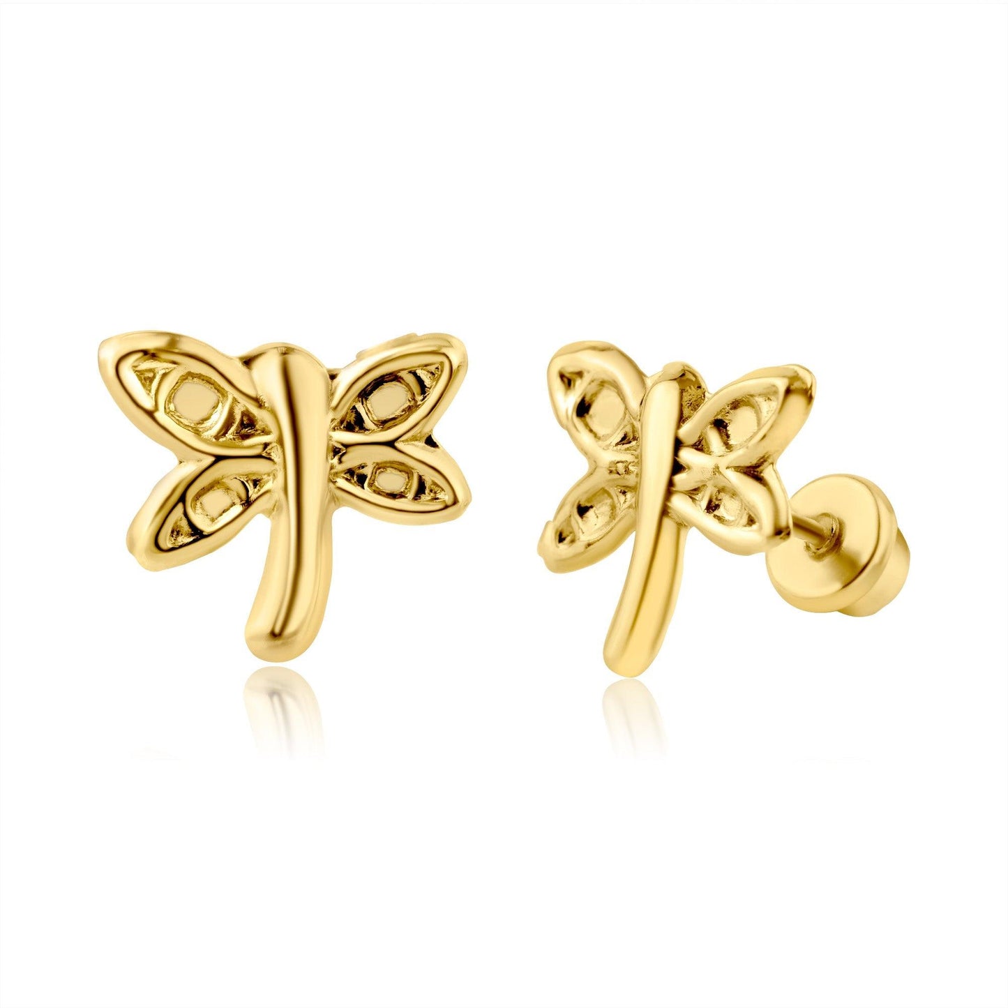 14K yellow gold dragonfly screw back stud earrings