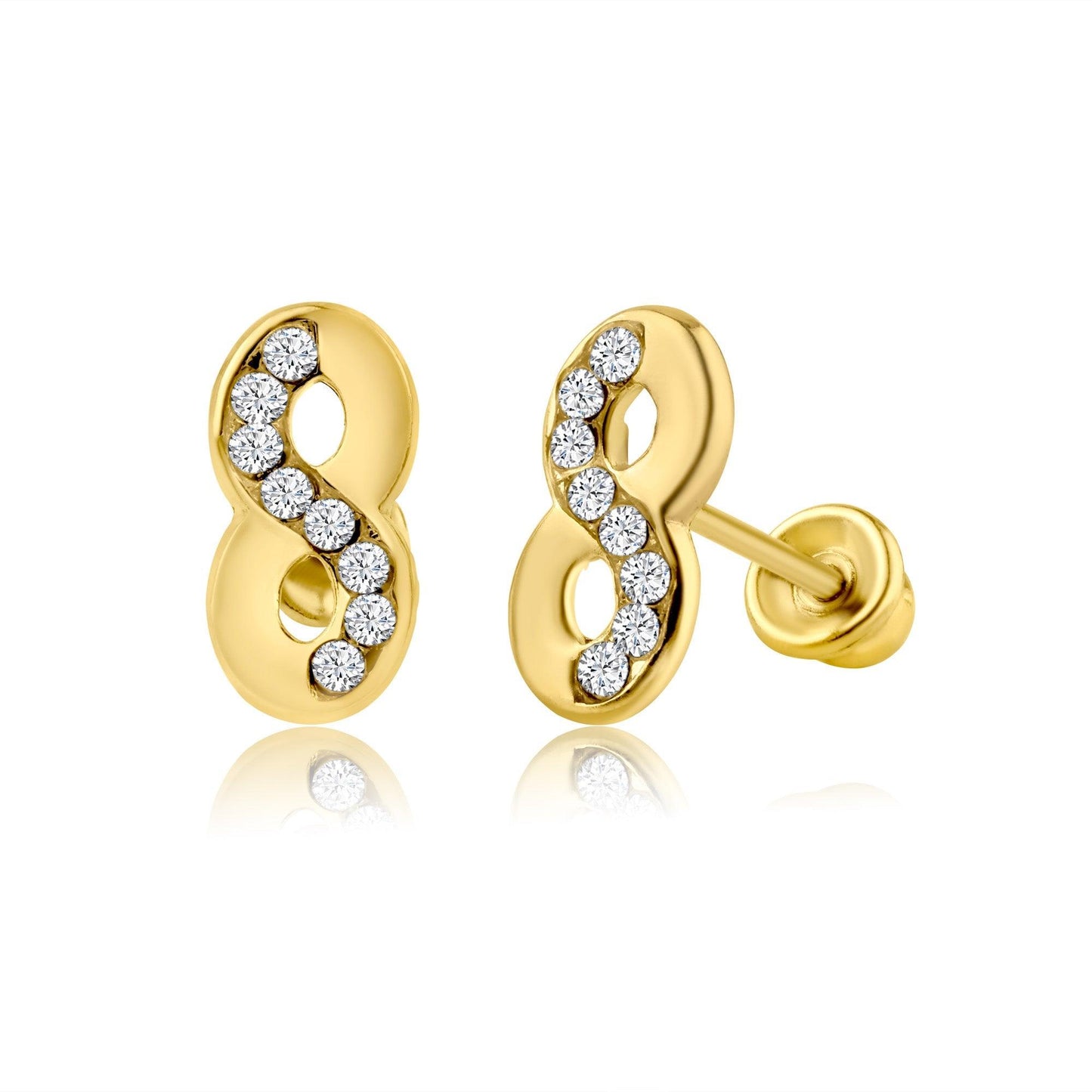 14K yellow gold infinity CZ screw back stud earrings