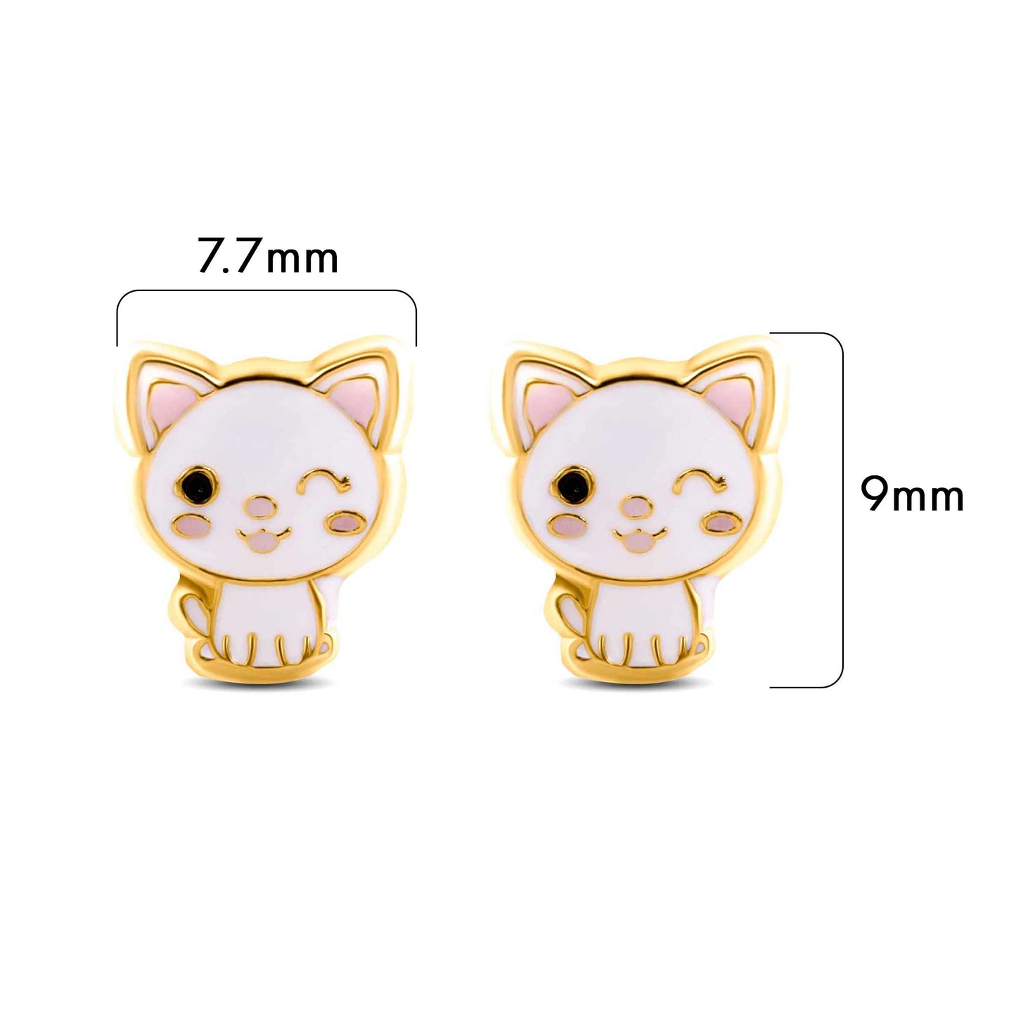 Size reference for 14K gold cat stud earrings, 7.7mm x 9mm