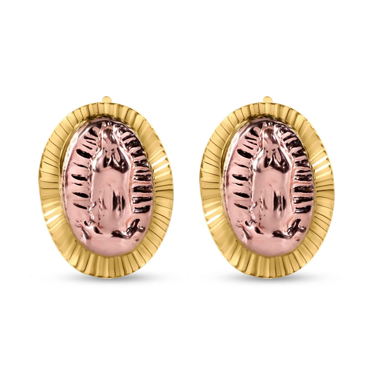 14K two-tone gold diamond-cut Virgen de Guadalupe screw back stud earrings