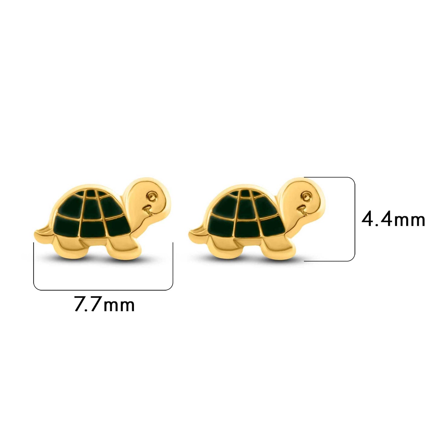 Size reference for 14K gold turtle stud earrings, 7.7mm x 4.4mm