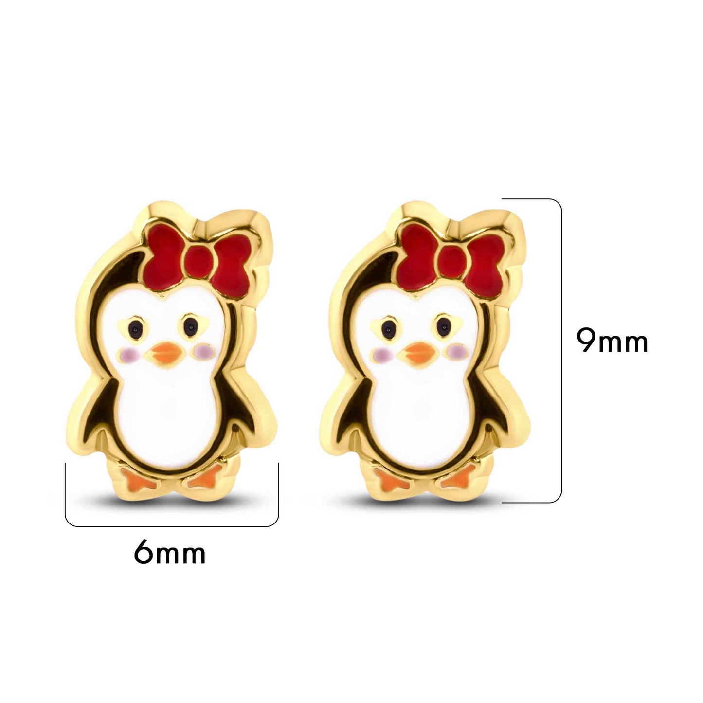 Size reference for 14K gold penguin stud earrings, 6mm x 9mm
