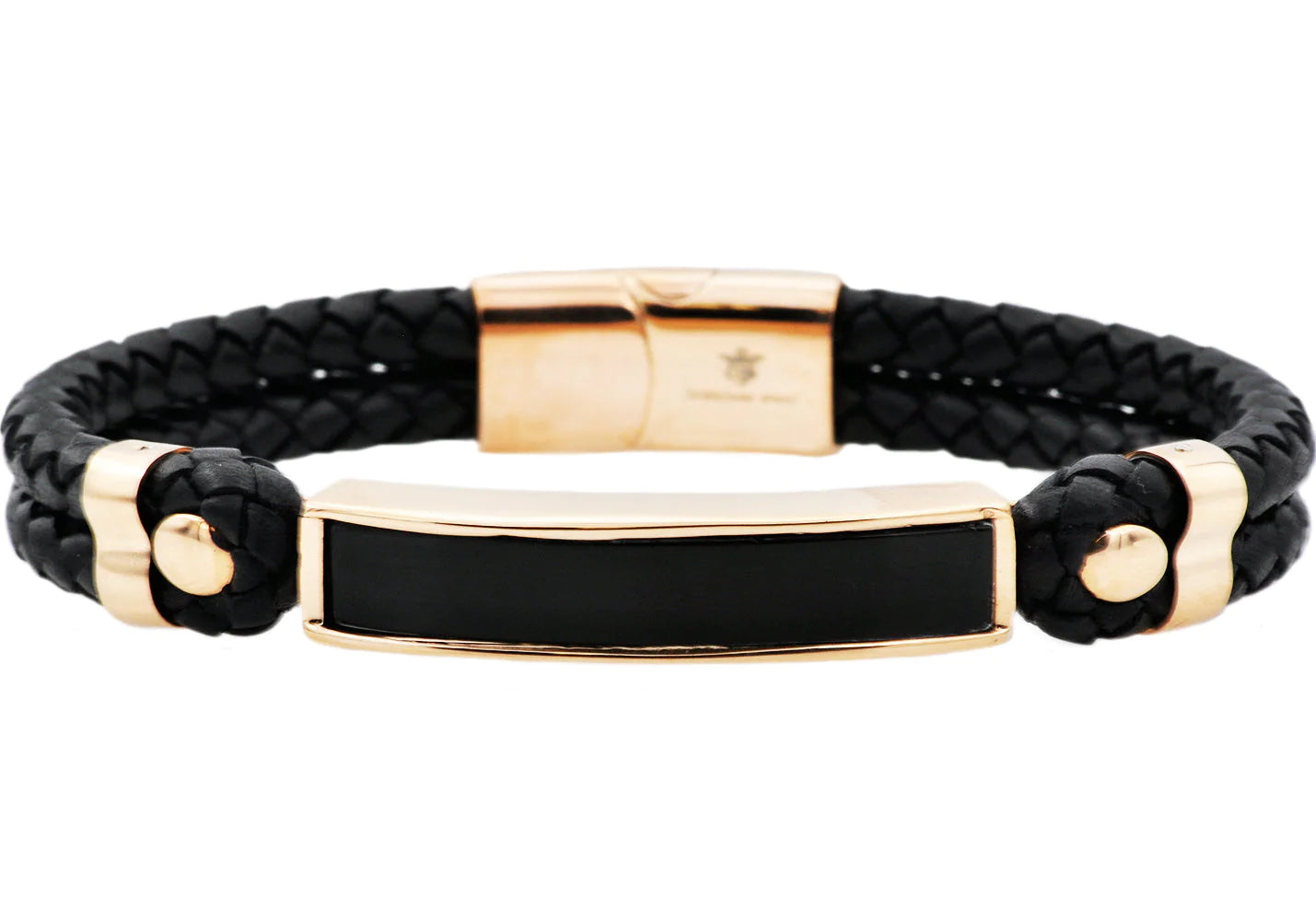 Onyx And Black Leather Rose Stainless Steel Bracelet