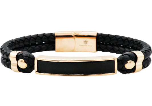 Onyx And Black Leather Rose Stainless Steel Bracelet