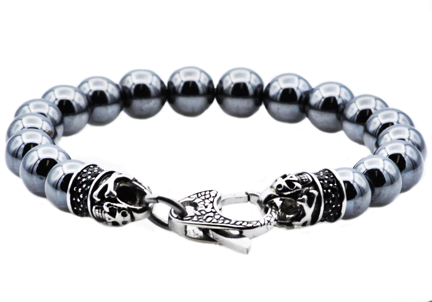 Hematite Stainless Steel Beaded Bracelet With Black Cubic Zirconia