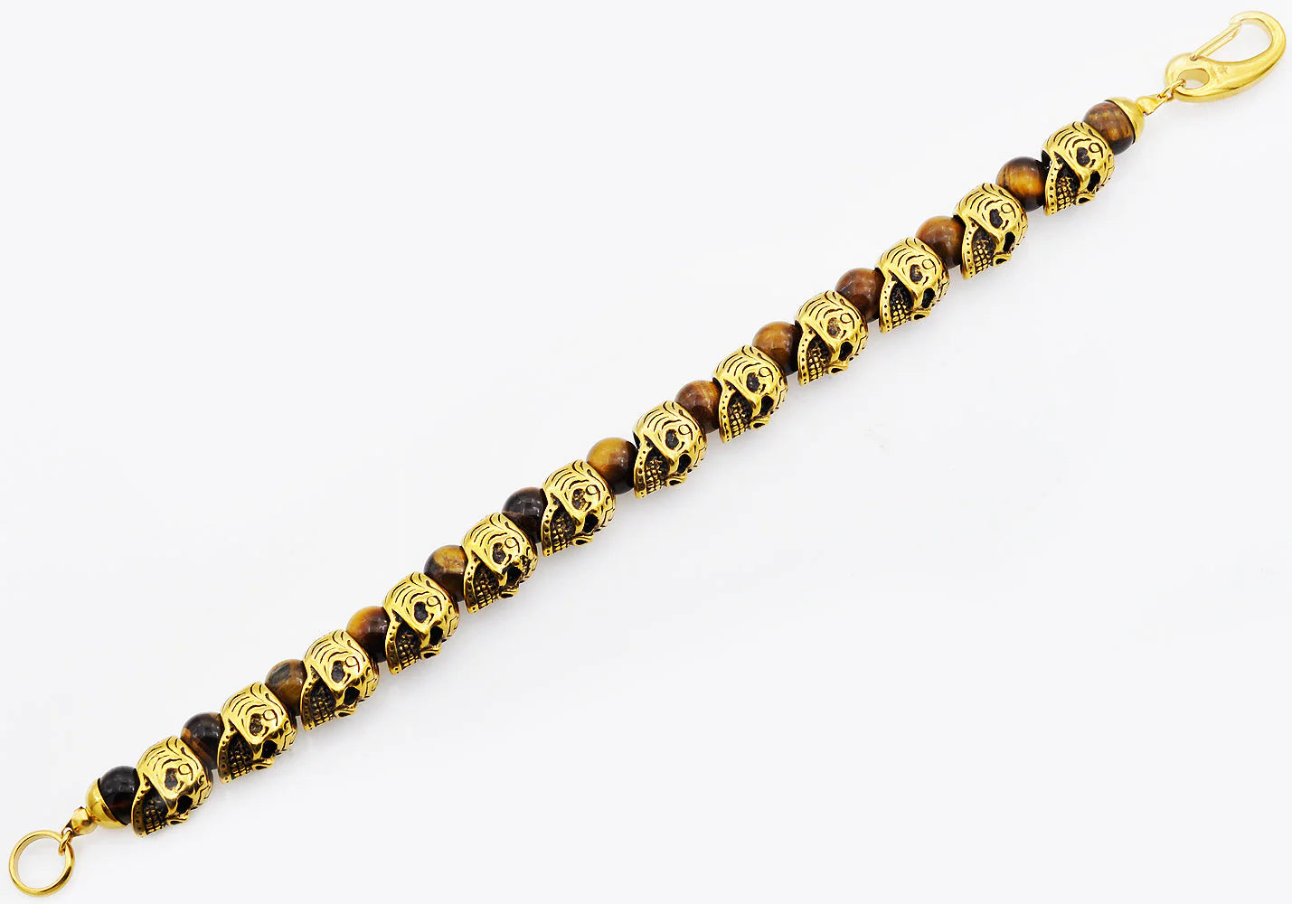 Tiger Eye Gold Stainless Steel Skull Beaded Bracelet