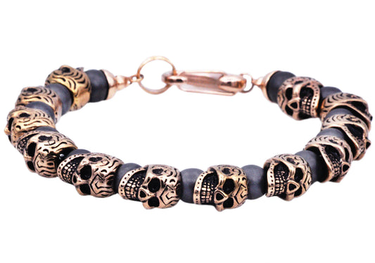 Hematite Rose Stainless Steel Skull Beaded Bracelet