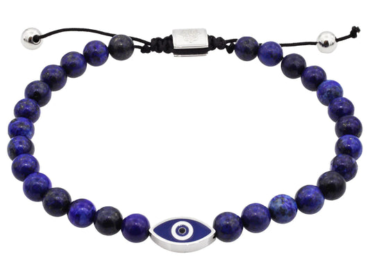 Lapis Lazuli 6mm Bead Stainless Steel Drawstring Evil Eye Bracelet