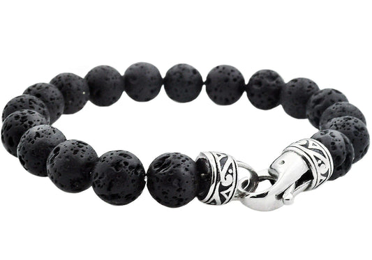 Lava Stone Stainless Steel Beaded Bracelet