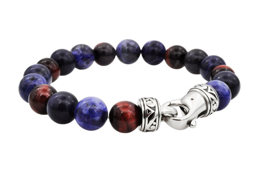 Sodalite And Red Tiger Eye Stainless Steel Beaded Bracelet