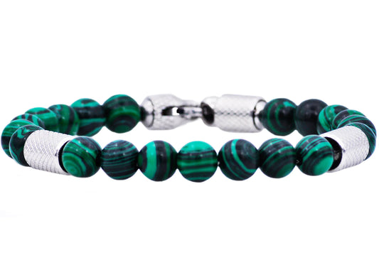 Malachite Stainless Steel Beaded Bracelet