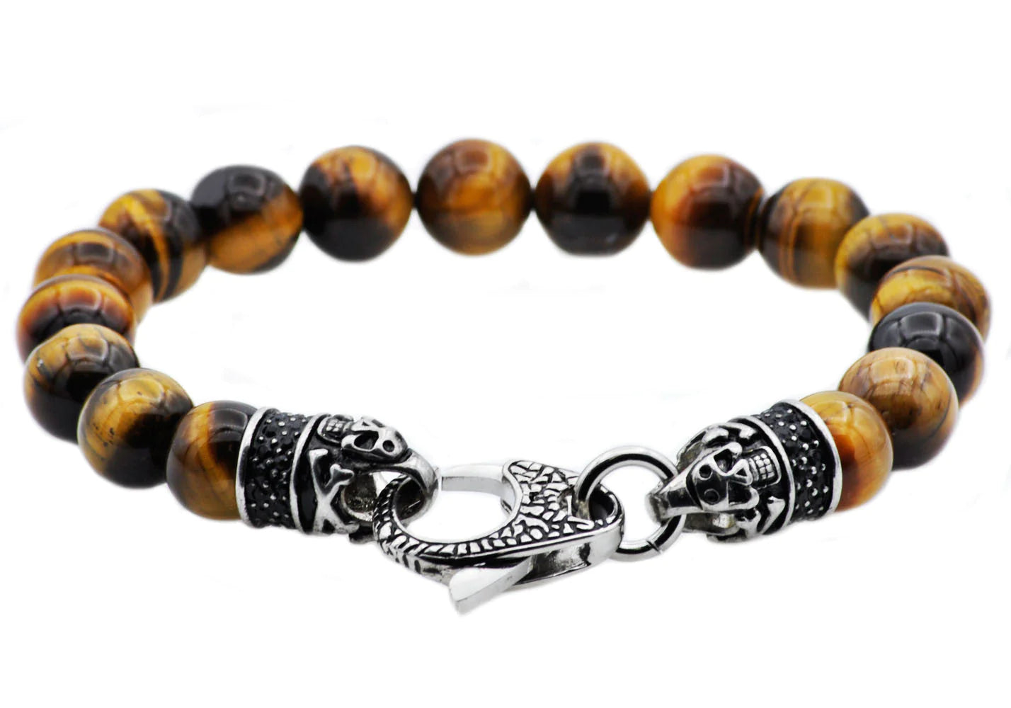 Tiger Eye Stainless Steel Beaded Bracelet With Black Cubic Zirconia