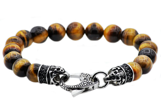 Tiger Eye Stainless Steel Beaded Bracelet With Black Cubic Zirconia