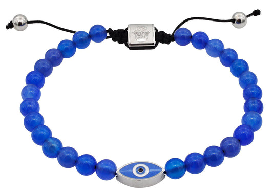 Blue Agate 6mm Bead Stainless Steel Drawstring Evil Eye Bracelet