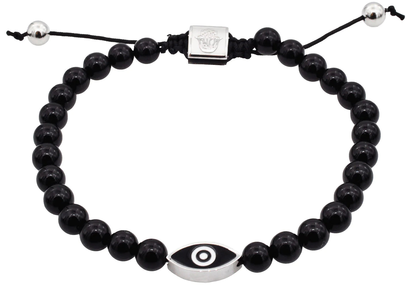 Onyx 6mm Bead Stainless Steel Drawstring Evil Eye Bracelet