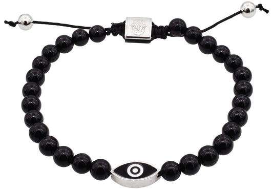 Onyx 6mm Bead Stainless Steel Drawstring Evil Eye Bracelet