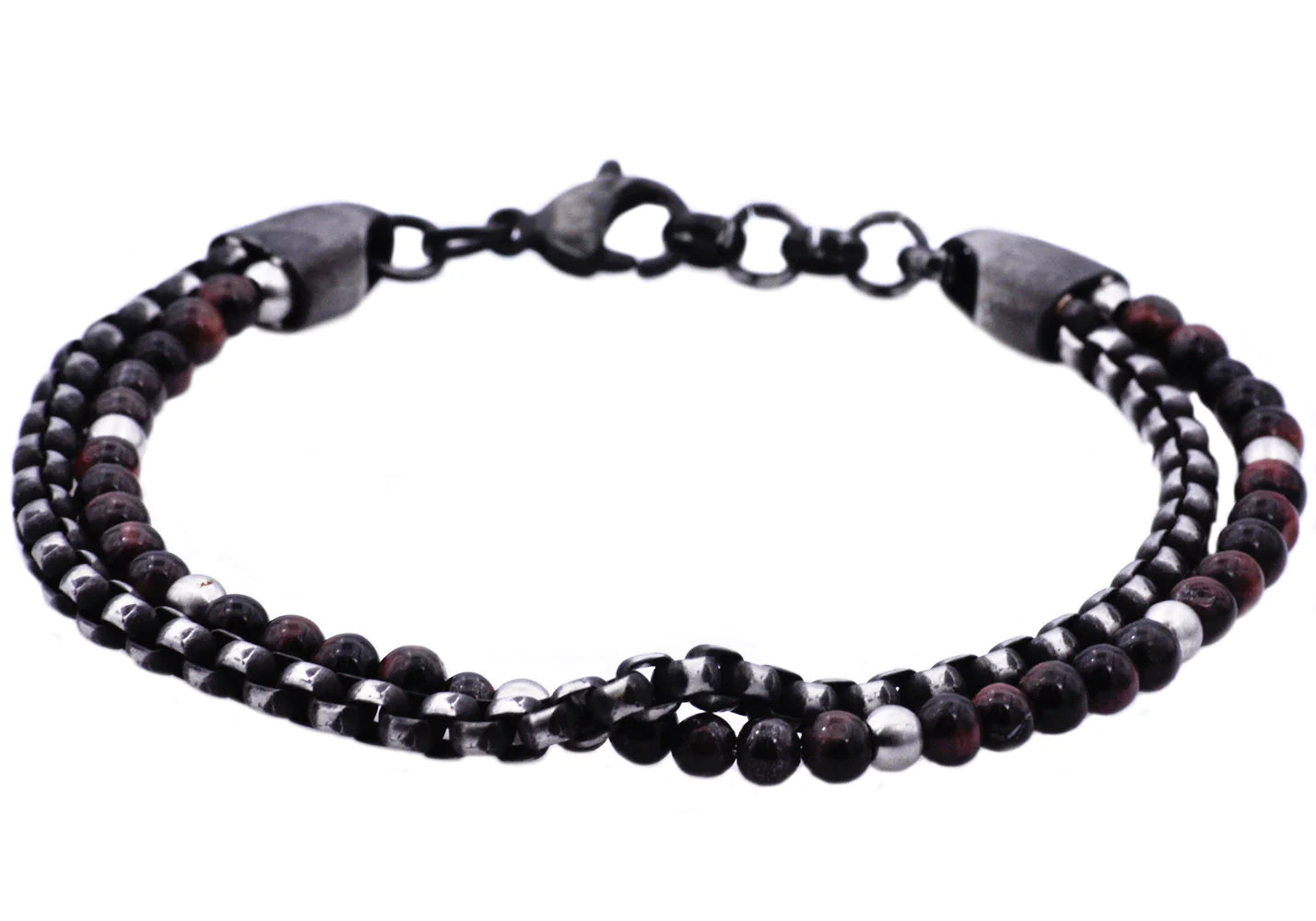 Red Tiger Eye Black Stainless Steel Beaded Bracelet