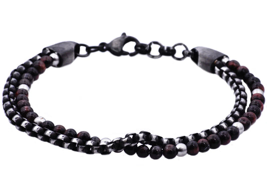 Red Tiger Eye Black Stainless Steel Beaded Bracelet