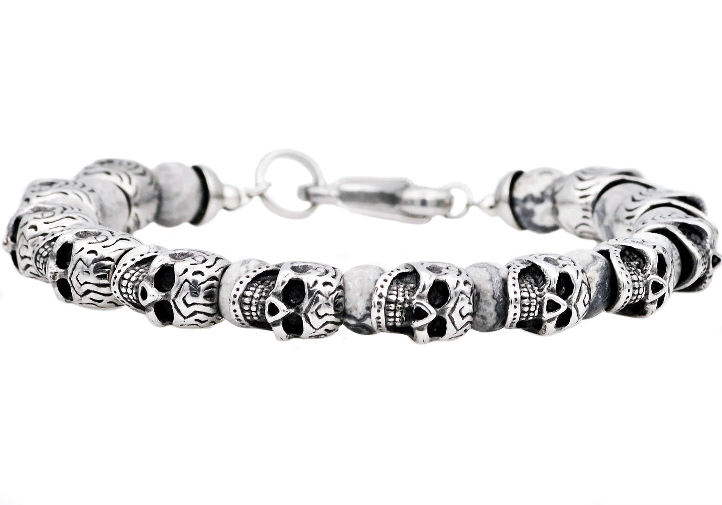 Gray Caso Jasper Stainless Steel Skull Beaded Bracelet
