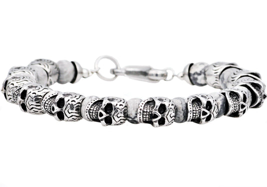Gray Caso Jasper Stainless Steel Skull Beaded Bracelet