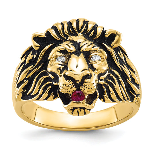 14K Yellow Gold Diamond and Ruby Lion Head Mens Ring B05384