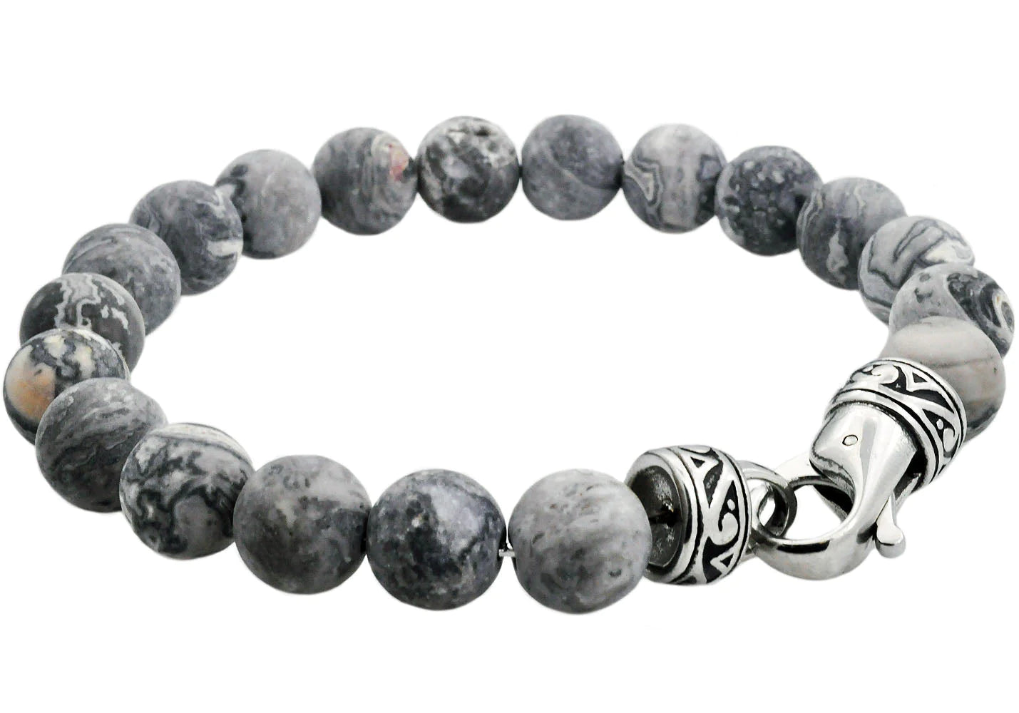 Gray Jasper Stainless Steel Beaded Bracelet