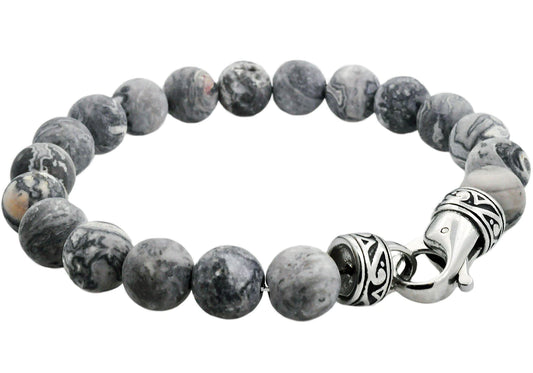 Gray Jasper Stainless Steel Beaded Bracelet