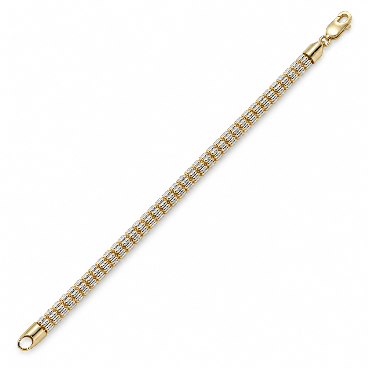 14K two-tone gold diamond-cut rolo link bracelet, link detail