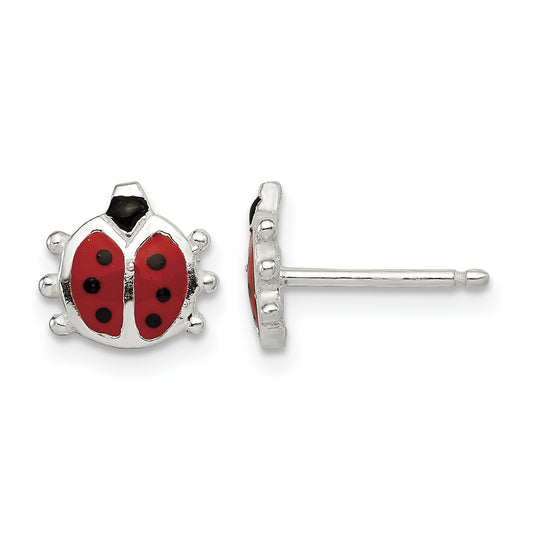 Sterling silver 3/8 inch ladybug stud earrings for kids with red and black enamel