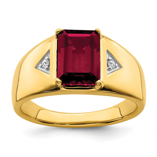 14K Yellow Gold Emerald-Cut Lab Ruby and Diamond Mens Ring RM6658