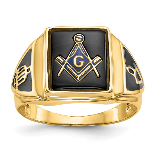 14K Yellow Gold Onyx Working Tools Masonic Mens Ring Y4098M