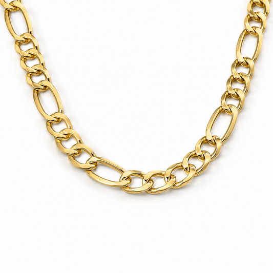 10K gold Figaro chain, front view on a white background