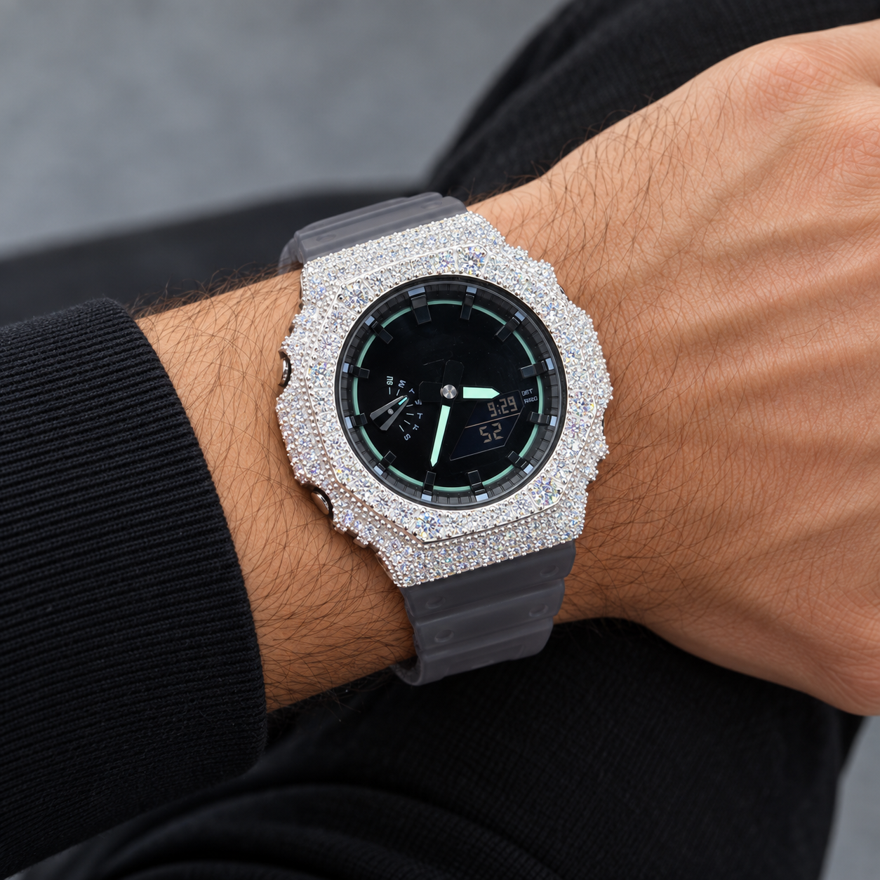 Iced Out Moissanite G-Shock GA-2100 Watch – Mint Accent Dial, Smoke Band