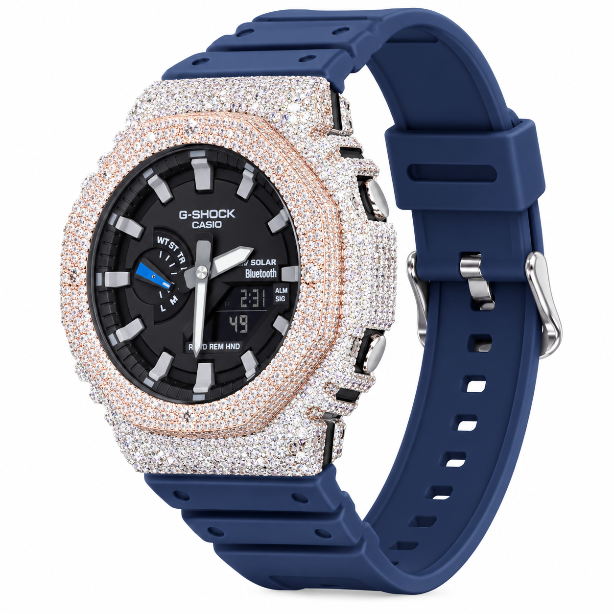 Iced Out G-Shock Solar Bluetooth Watch – Navy Band, Two-Tone Pavé Case