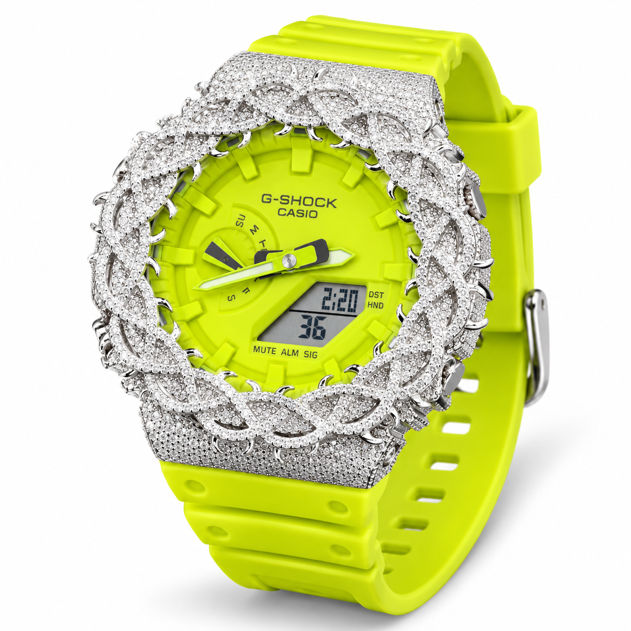 Iced out G-Shock neon lime watch with braided pavé bezel
