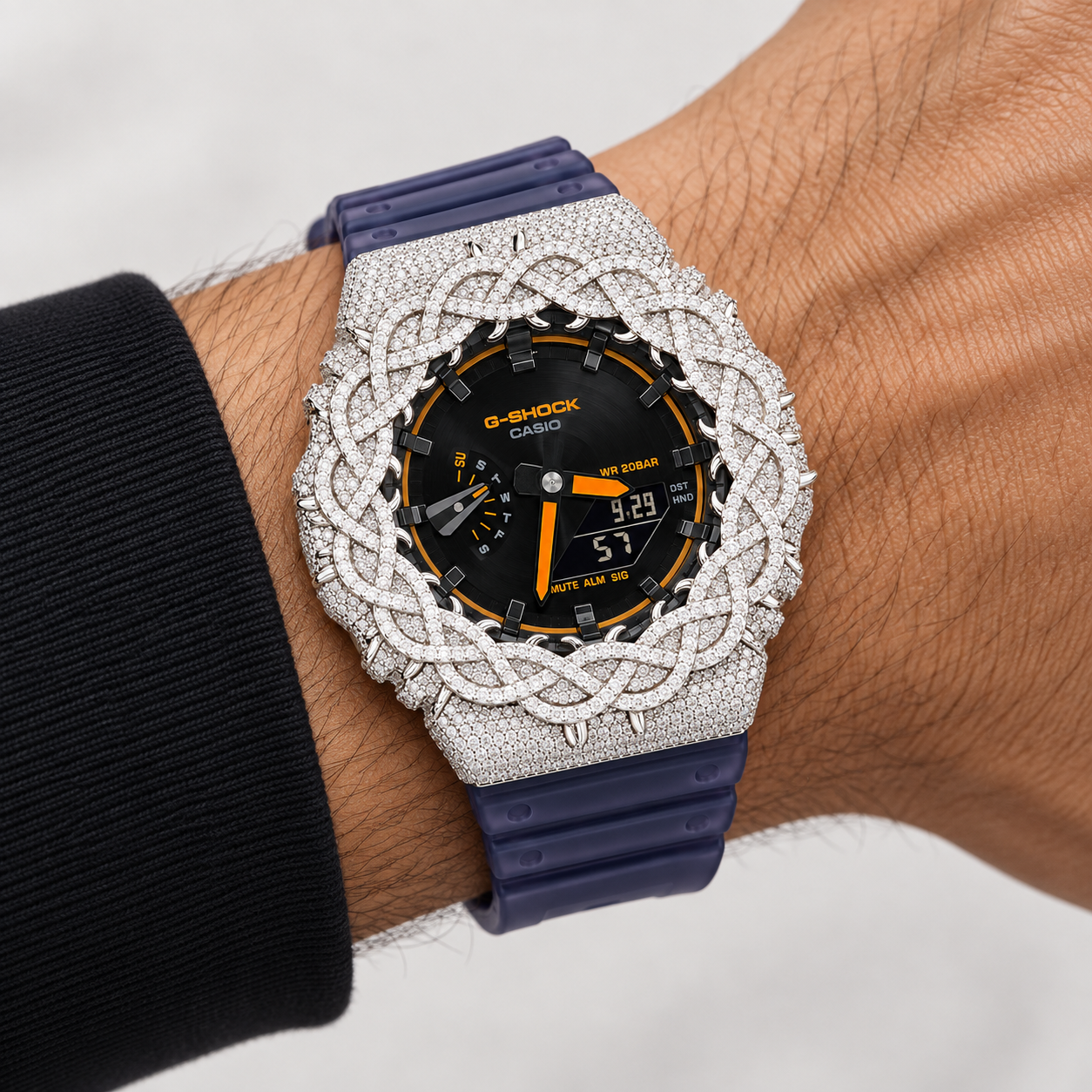 Iced Out Moissanite G-Shock GA-2100 Watch – Purple Band, Orange Dial, Braided Bezel