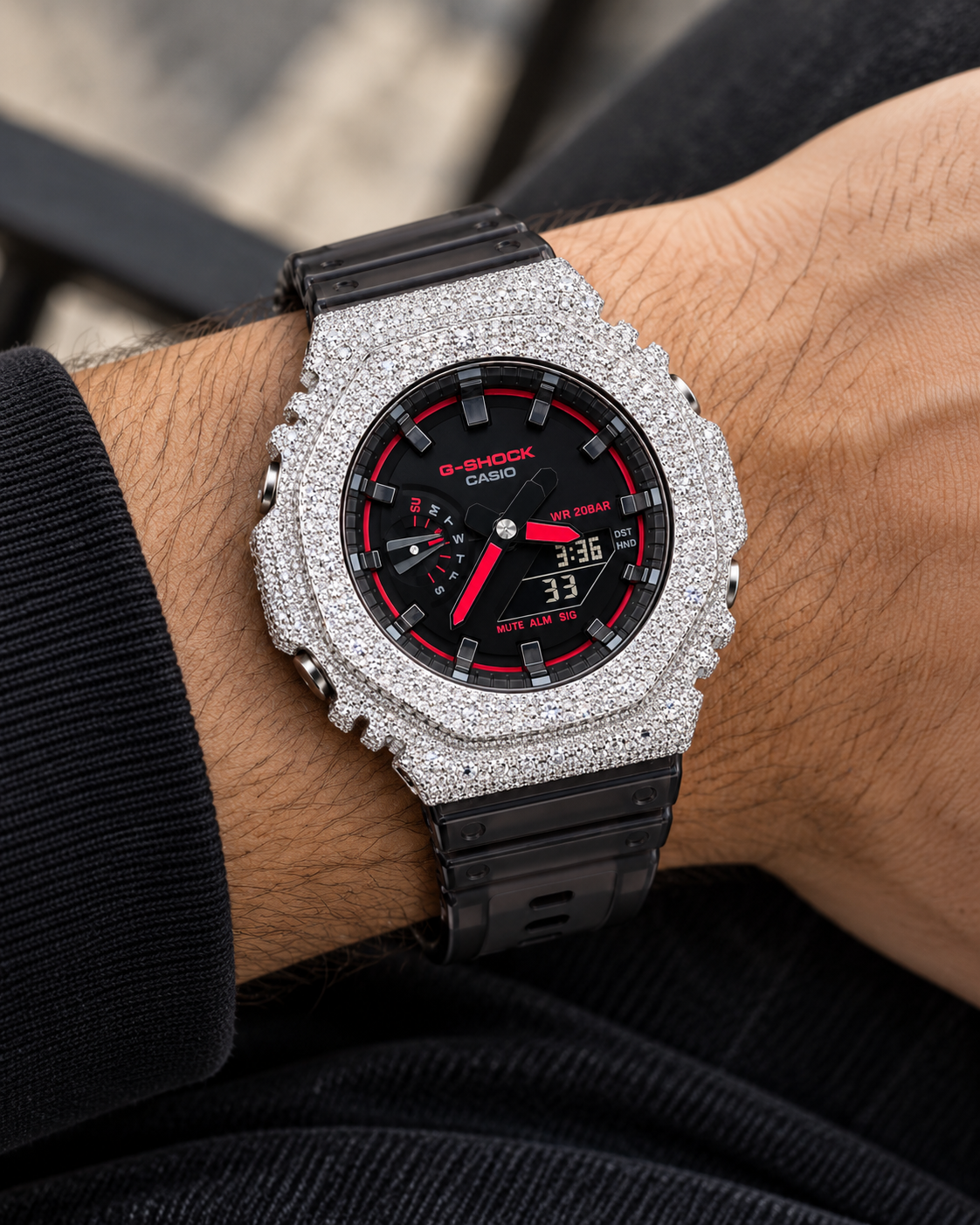 Iced Out Moissanite G-Shock GA-2100 Watch – Red Accent Dial, Black Band