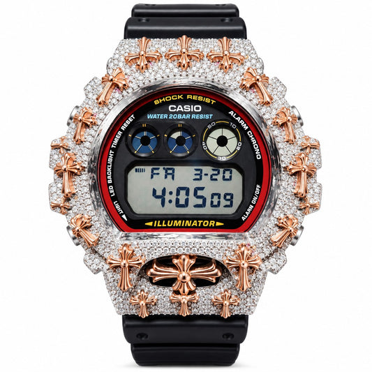 Iced out moissanite G-Shock DW-6900 watch with rose cross bezel and black band – front view