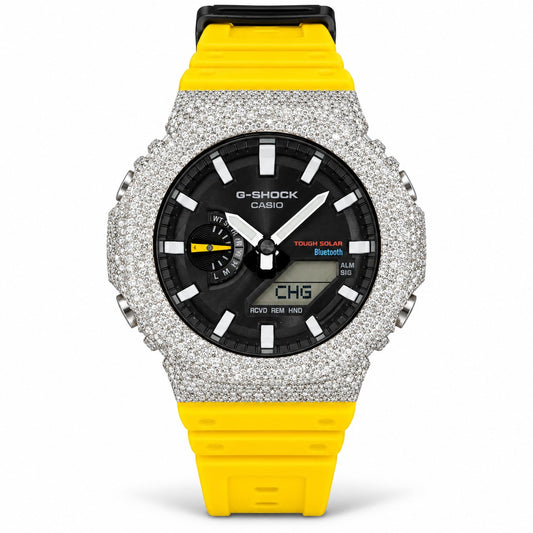 Iced out moissanite G-Shock GA-2100 watch with black dial and yellow band – front view
