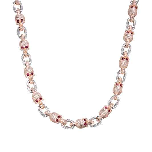 Two-Tone Moissanite Skull Link Necklace Red Eyes Chain